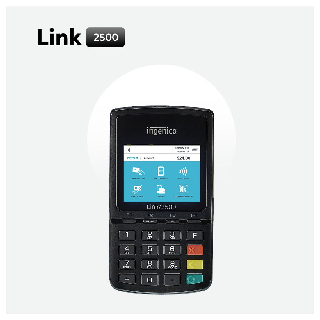 Ingenico Link 2500 terminal showing Apple Pay and Samsung Pay options, compatible with EkiKart&
